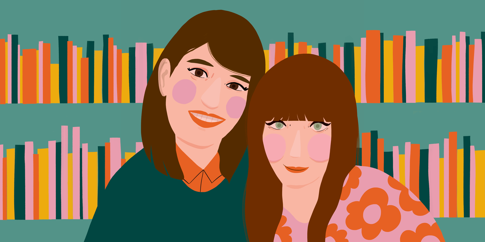 Illustrated portrait of librarians and podcast hosts Emily Calkins and Britta Barrett